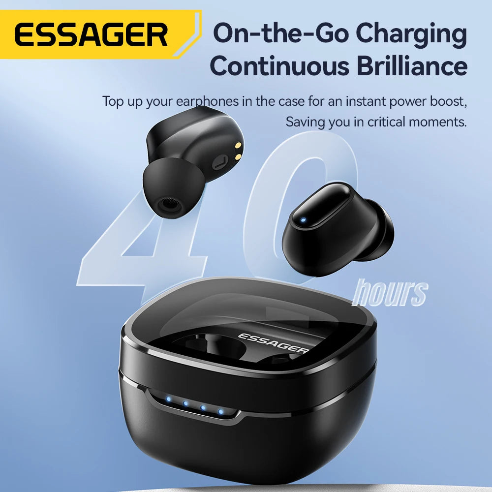 Wireless Earbuds, From Essager, Version ES-02, Supports Bluetooth 5.3, Playtime up to 40 Hours, Color Black