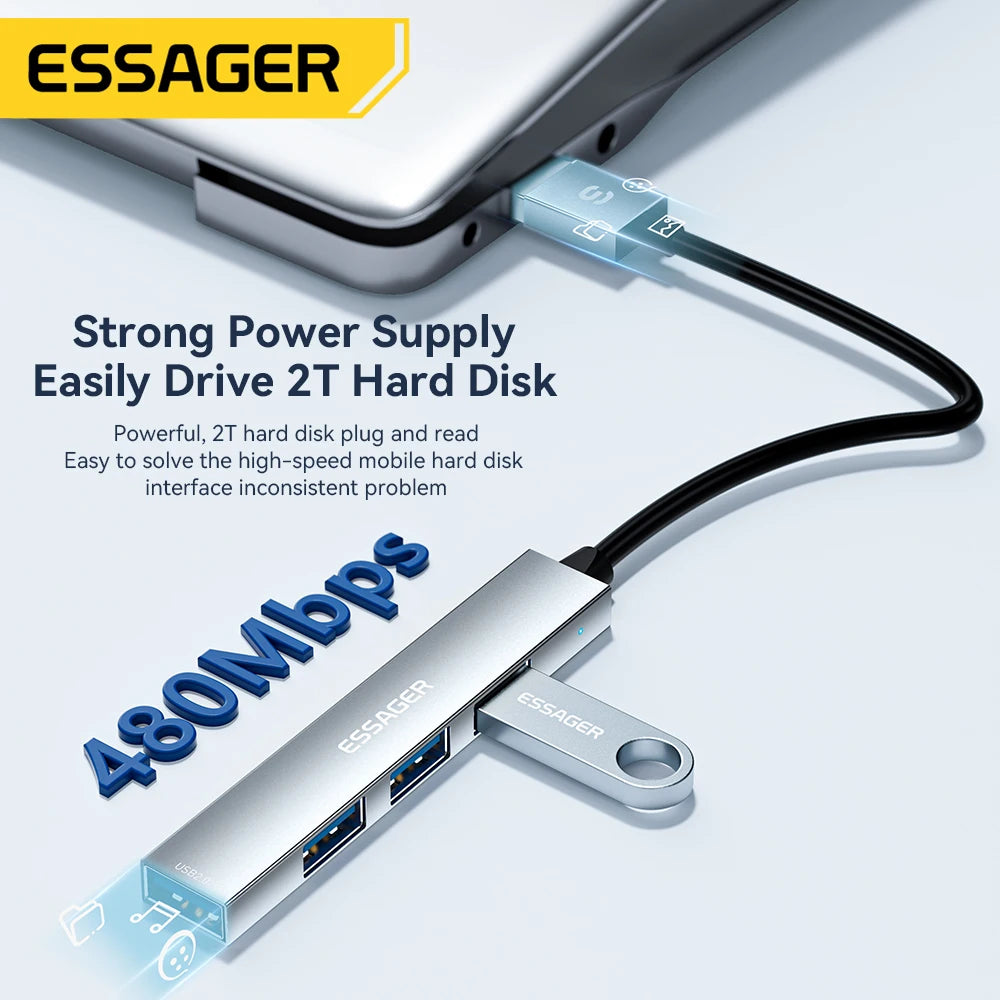 ESSAGER 4-Port USB 2.0 USB-A Hub Adapter for MacBooks, Laptops, and Phones