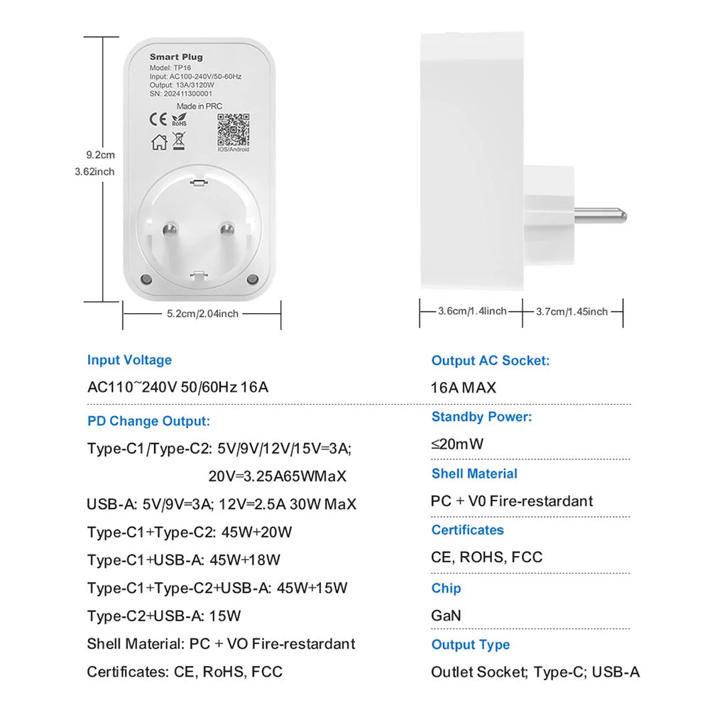 AVATTO Tuya WiFi Smart Socket – 65W GaN USB-C/USB-A PD Fast Charger (EU)