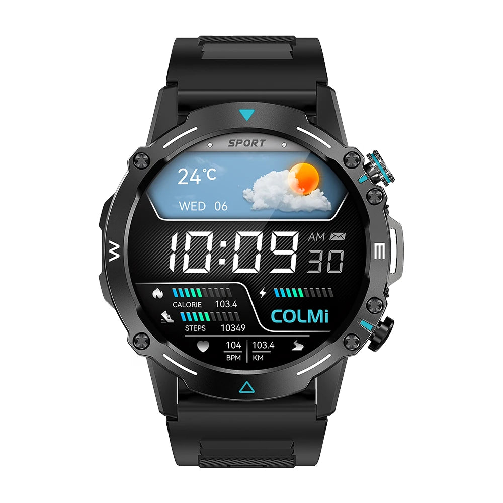 COLMI M42 military-grade smartwatch showing 1.43″ AMOLED screen and rugged zinc-alloy case
