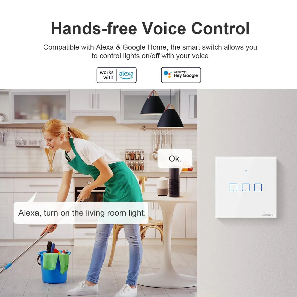 Interruptor de Luz Inteligente Táctil Sonoff T1 Tipo UK Plug 86 Painel de Vidro Temperado Suporta WiFi/RF/APP/Controlo Táctil