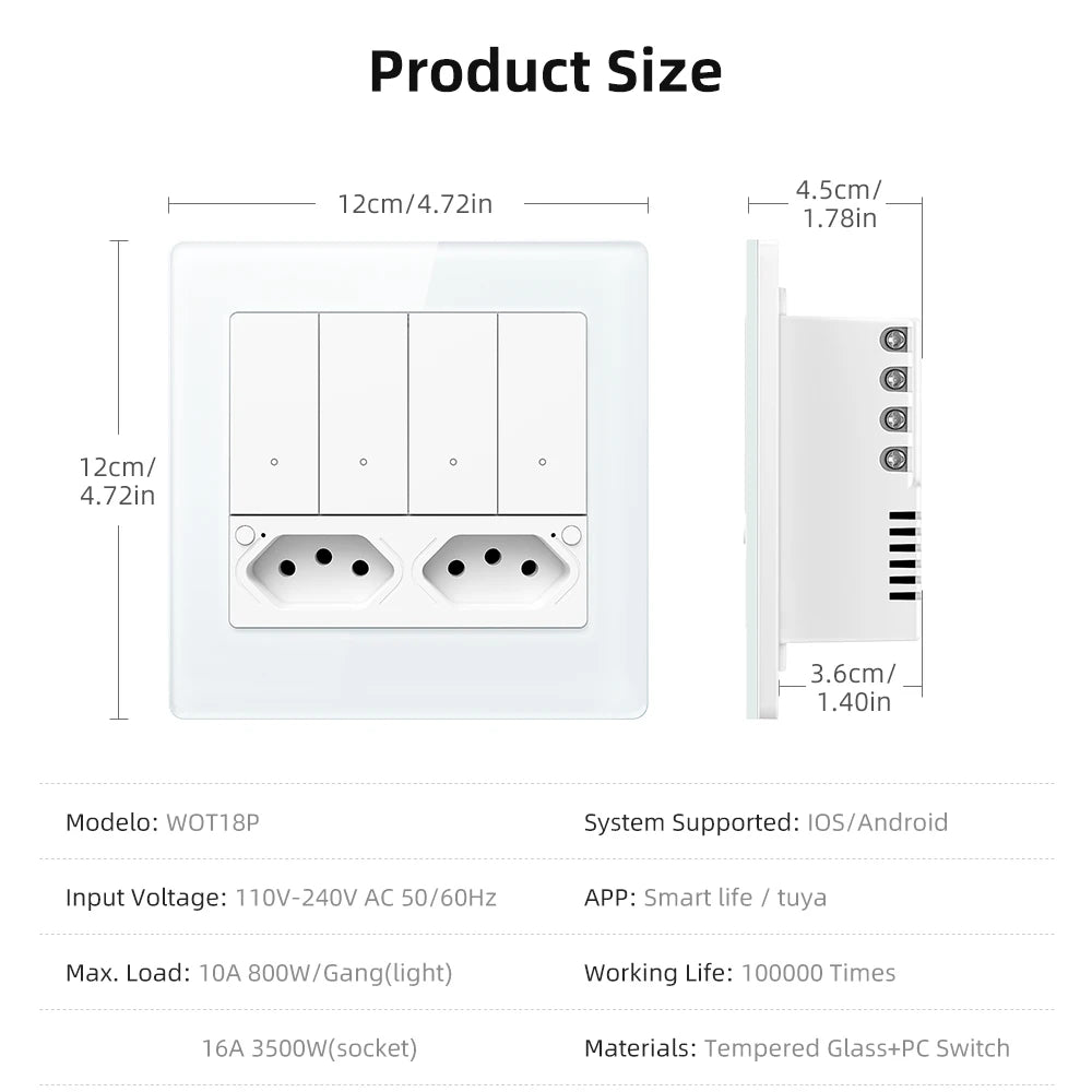 AVATTO Tuya WiFi 4x4 Switch & Socket Brazil – 4 Button Wall Panel, 16A Smart Control