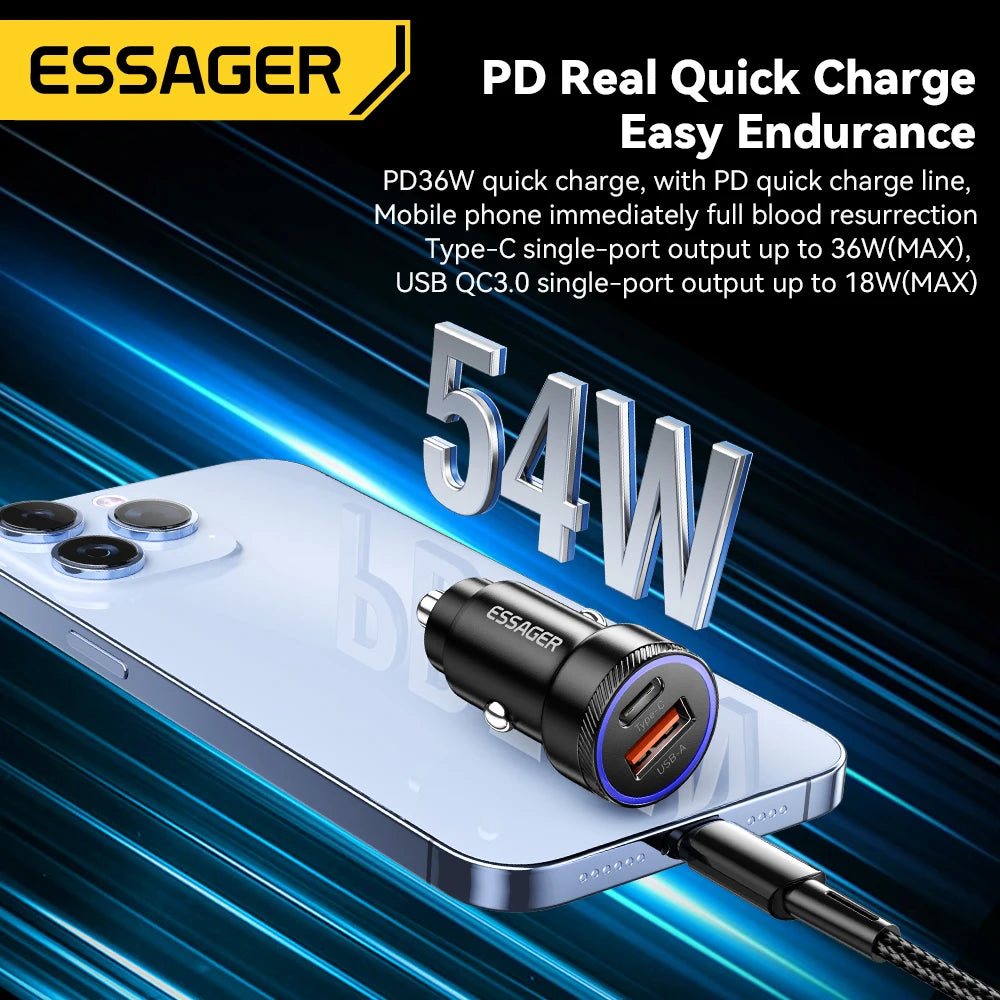 Essager 54W Dual-Port USB Type-C Car Charger – Fast Charging PD3.0 QC3.0