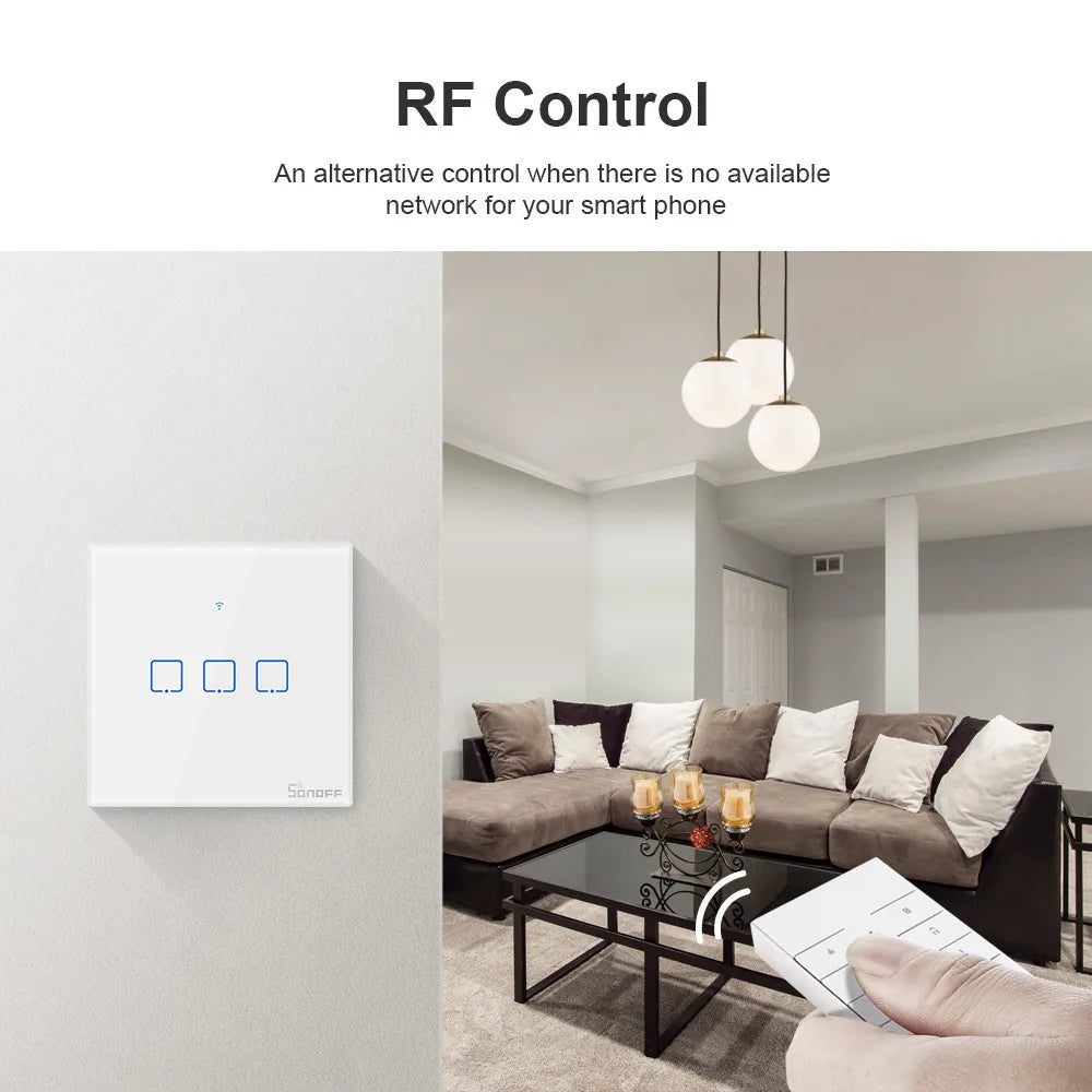 Interruptor de Luz Inteligente Táctil Sonoff T1 Tipo UK Plug 86 Painel de Vidro Temperado Suporta WiFi/RF/APP/Controlo Táctil