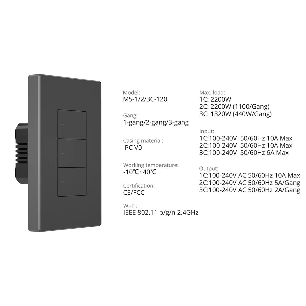 Smart Wall Switch, From SONOFF, M5 version, Supports WIFI, Maxload 10A