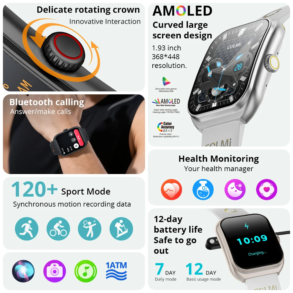 COLMI P86 1.93″ AMOLED Smartwatch – Bluetooth Calls, IP68, Pale Gold