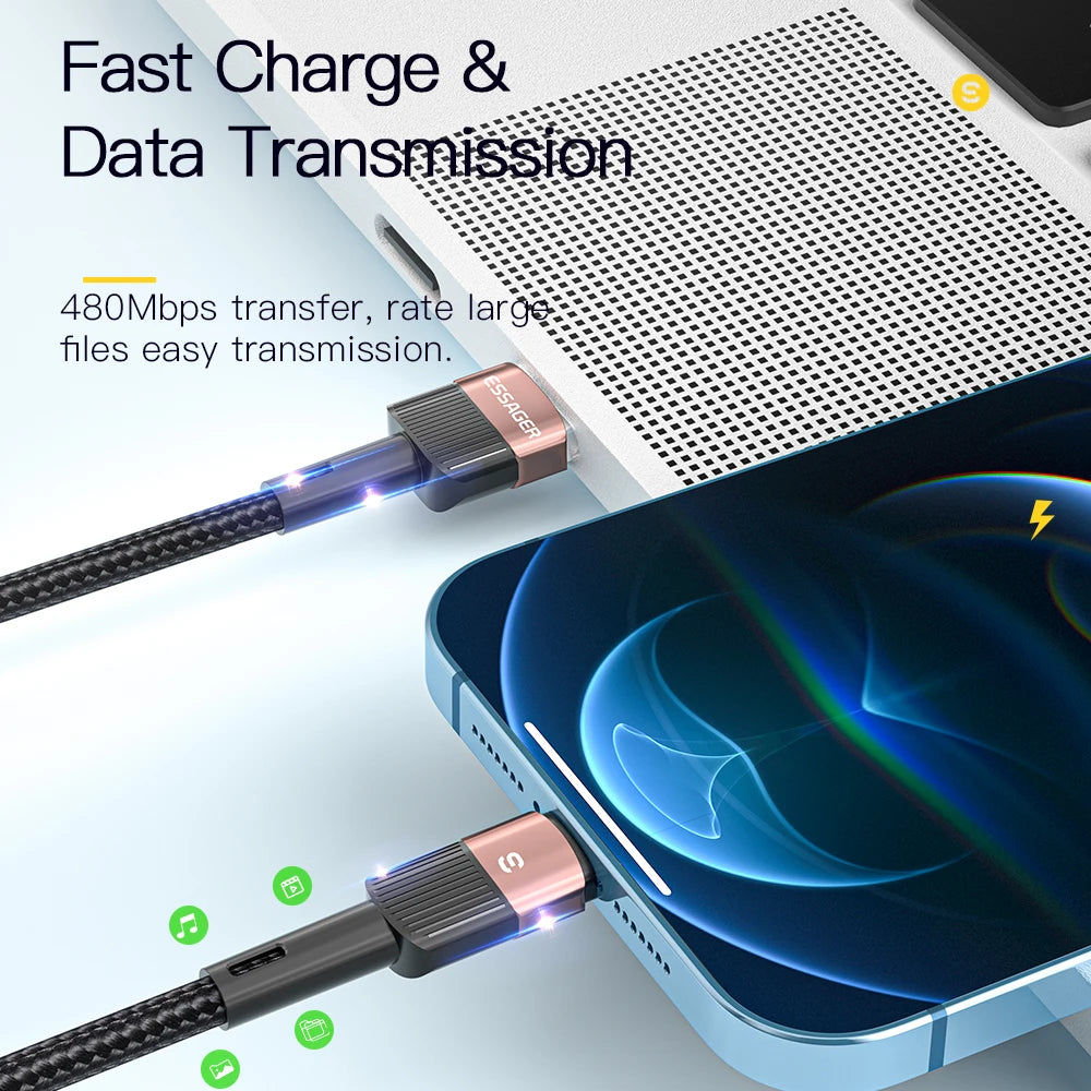 كابل شحن USB A إلى Lightning من Essager، لون أسود