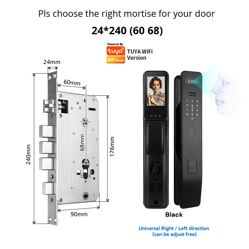 Tuya Face Recognition Smart Door Lock – WiFi Camera, Fingerprint & Indoor Screen