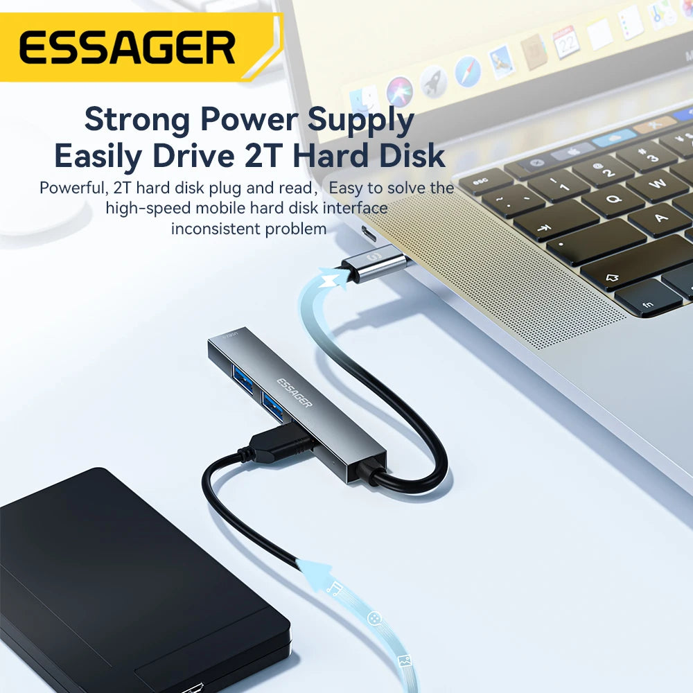 USB Hub USB-A, From Essager, 4 in 1, Color Grey