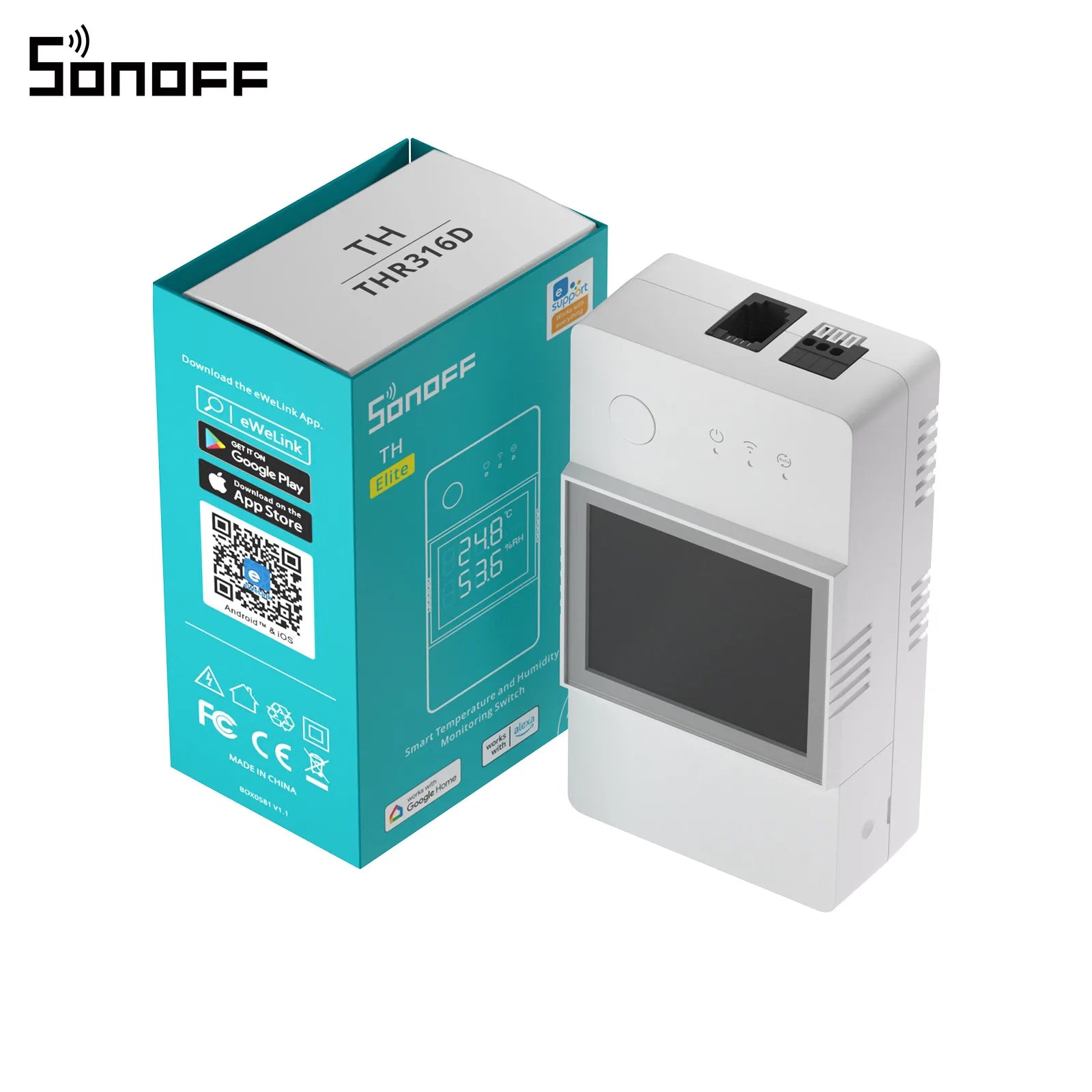 SONOFF THR316D WiFi Slimme Schakelaar – 16A temperatuur- & vochtigheidsmonitor