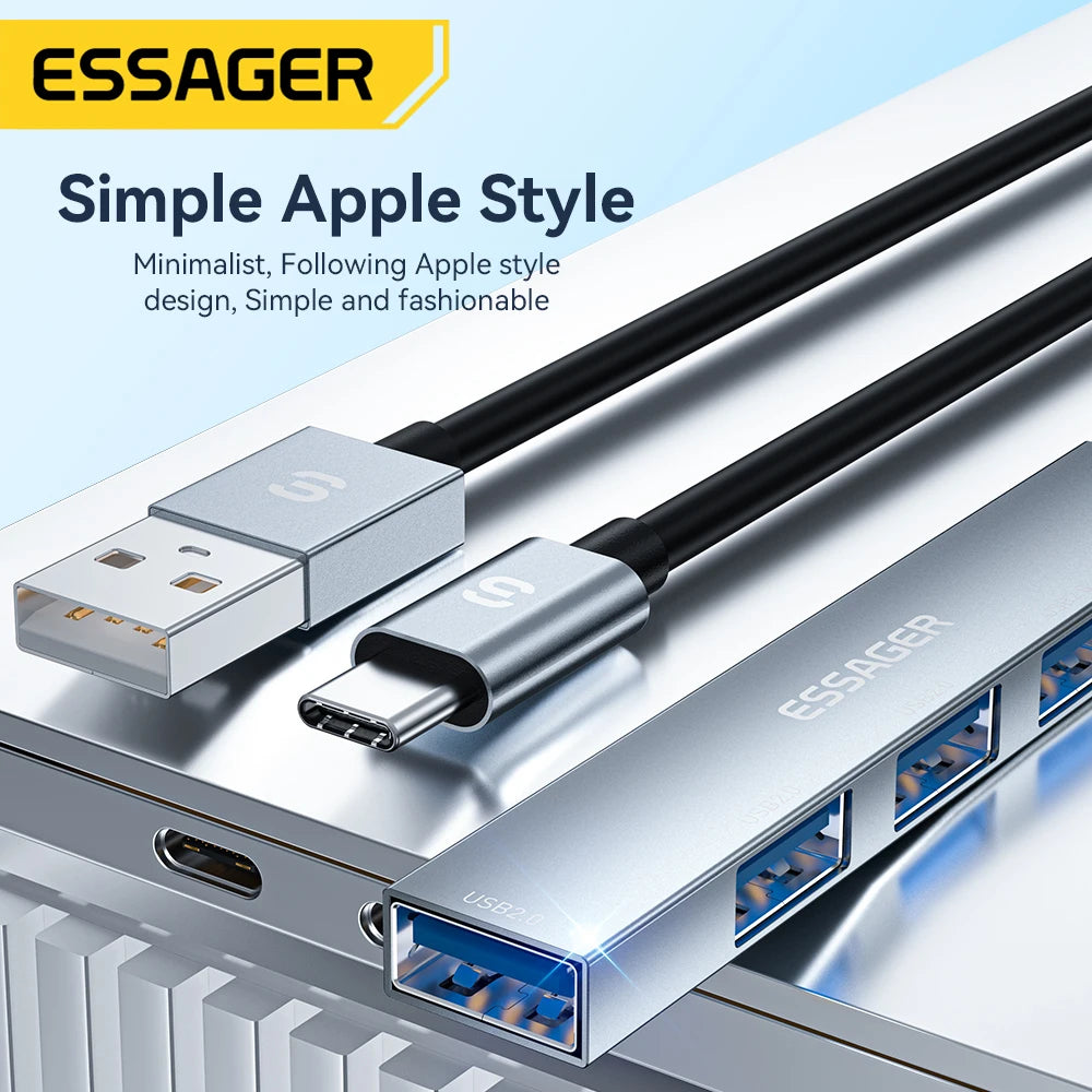 ESSAGER 4-Port USB 2.0 Type-C Hub Adapter for MacBooks, Laptops, and Phones