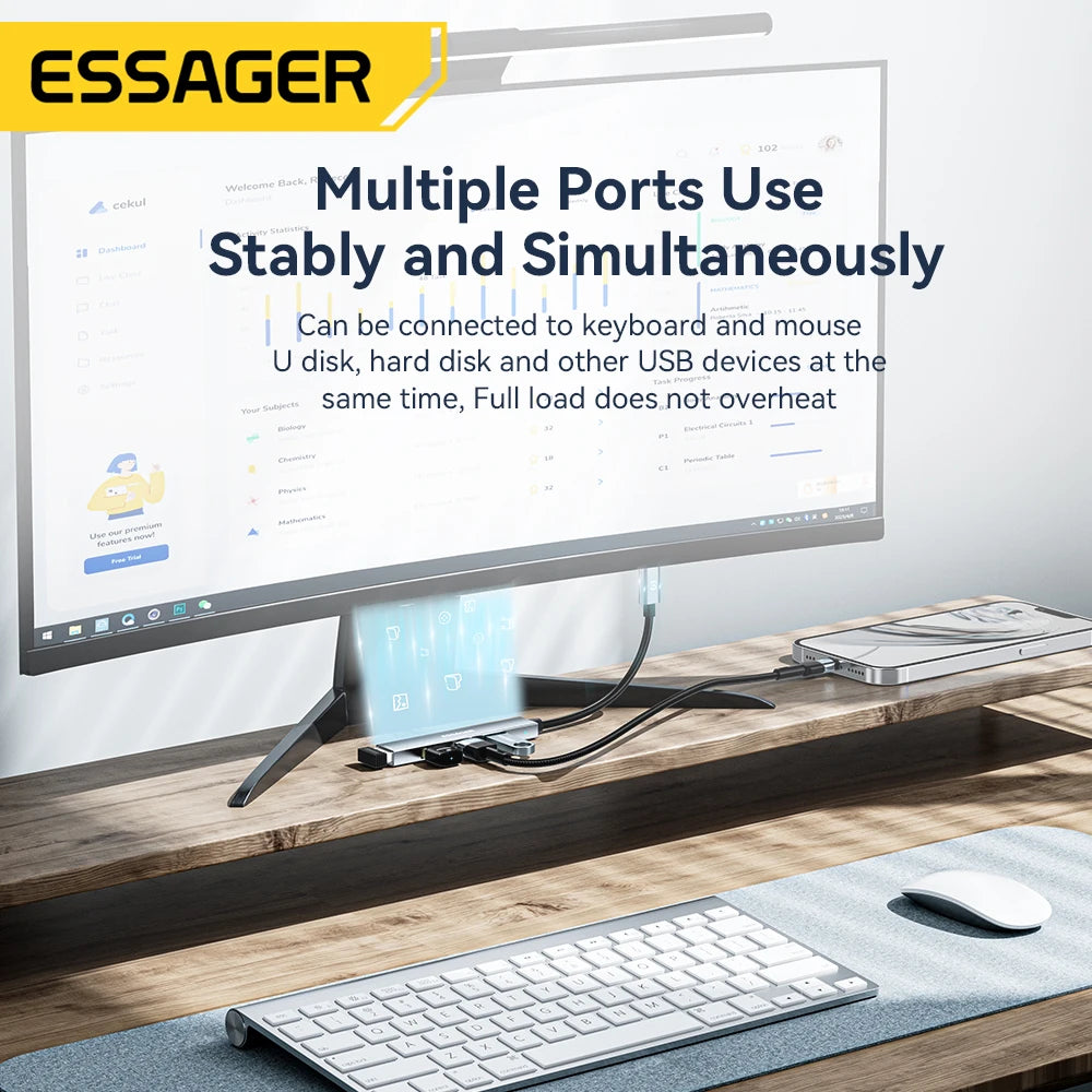 USB Hub USB-A, From Essager, 4 in 1, Color Grey