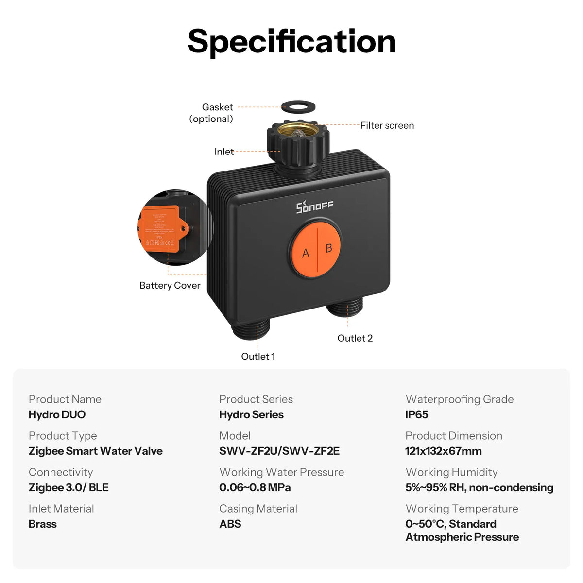 SONOFF Hydro DUO Zigbee Smart Water Valve – 2-Zone Dual Outlet Sprinkler Timer with Flow Meter, Brass Inlet, IP65 (Zigbee Hub Required)