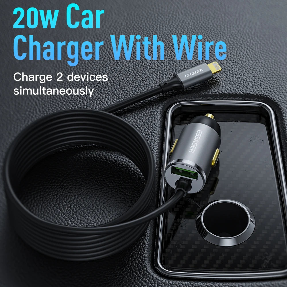 Car Charger, From Essager, F704L Version, With Cable Quick Charge Type C, Power 20W