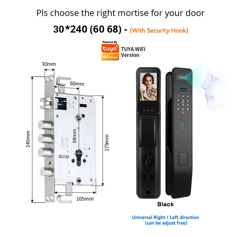 Tuya Face Recognition Smart Door Lock – WiFi Camera, Fingerprint & Indoor Screen