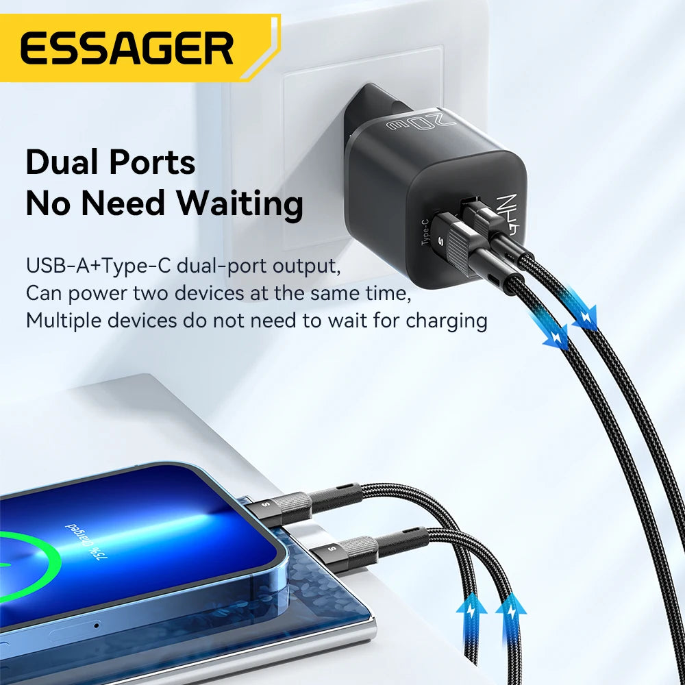 Wall Charger Plug, From Essager, Power 20W, USB Type C and USB A