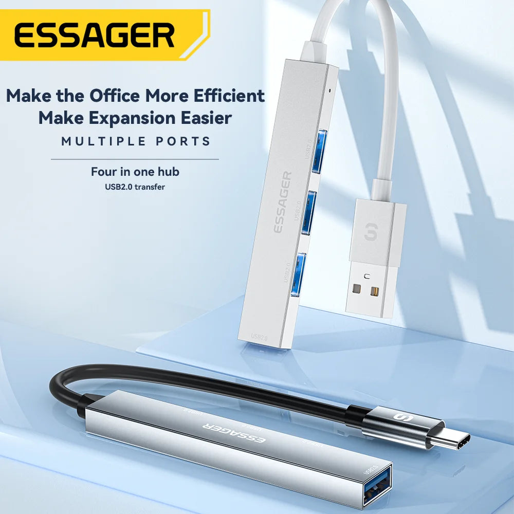 ESSAGER 4-Port USB 2.0 USB-A Hub Adapter for MacBooks and Laptops