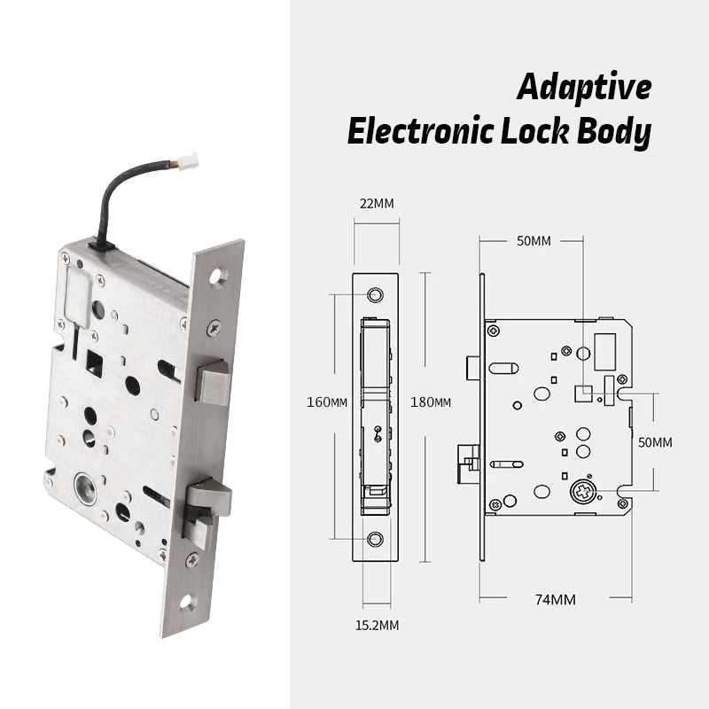 Adaptive electronic lock body with dimensions on a white background