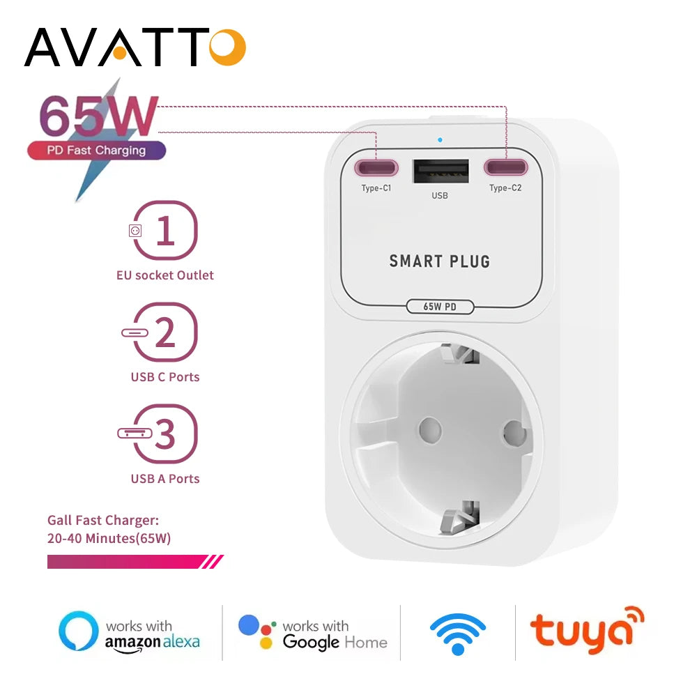 AVATTO Tuya WiFi Smart Socket – 65W GaN USB-C/USB-A PD Fast Charger (EU)
