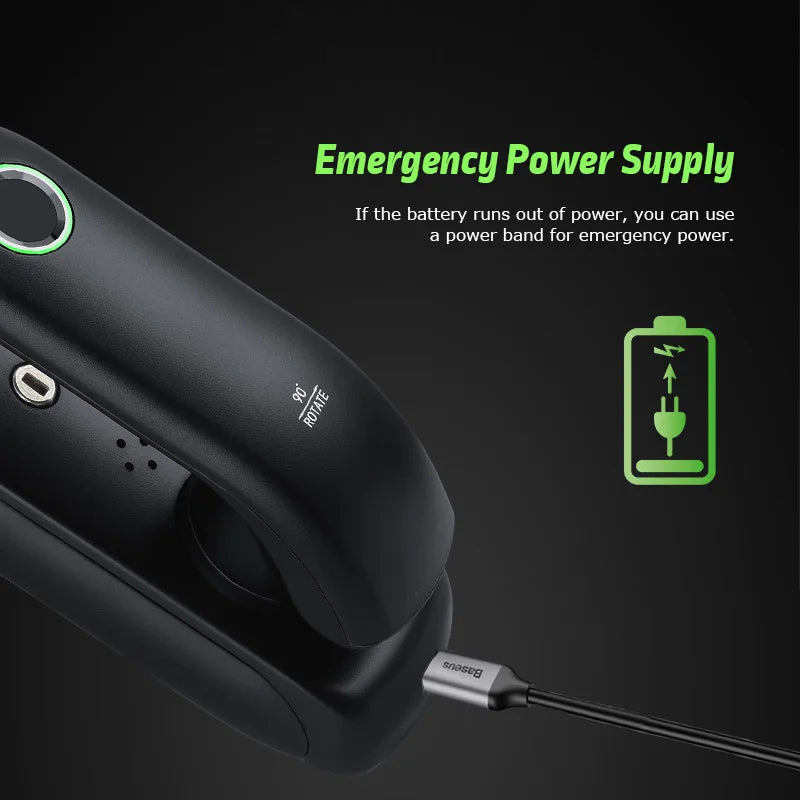 Black electronic device with power cable and emergency power supply text on a dark background
