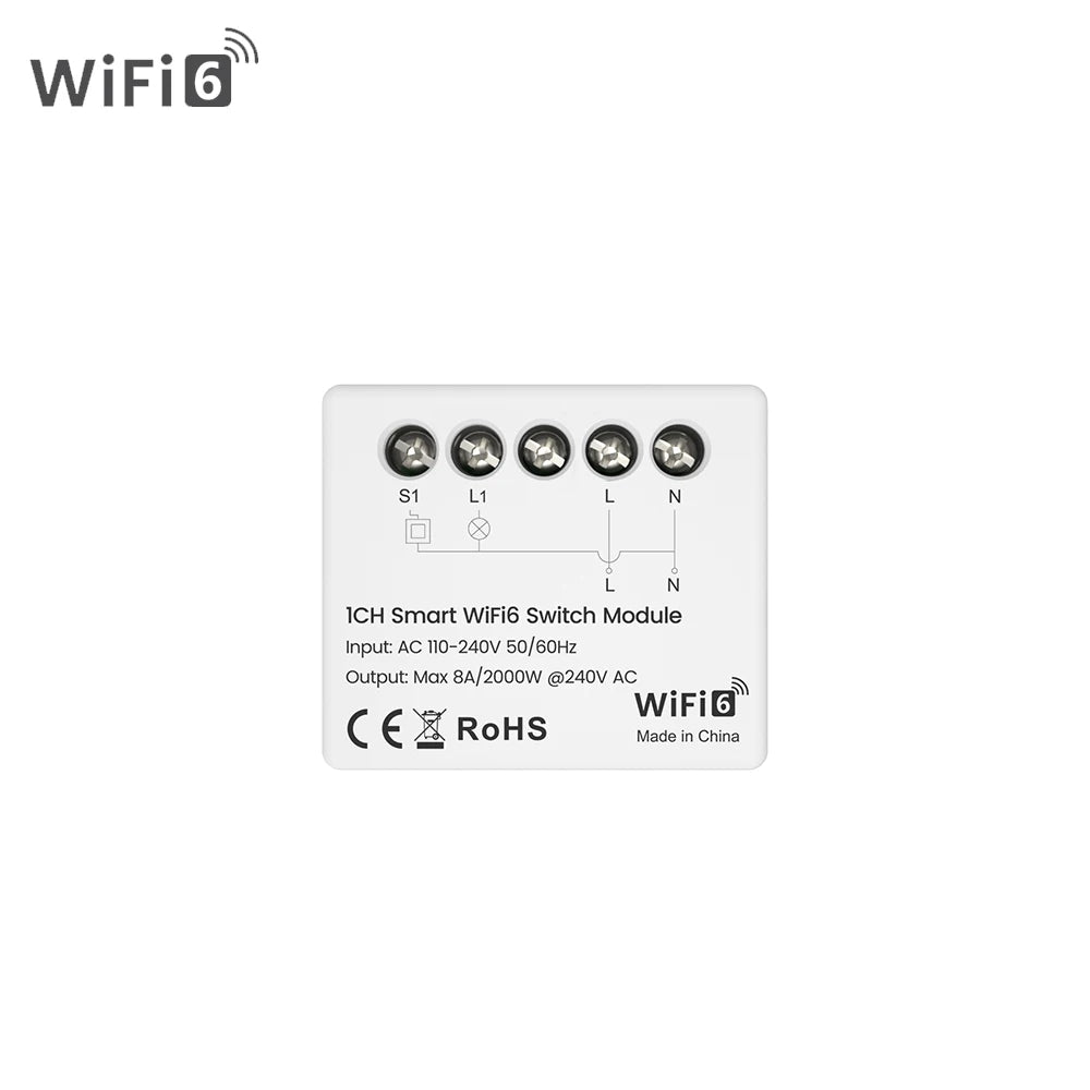 AVATTO Tuya WiFi 6 mini smart light switch module with app remote control and energy monitoring
