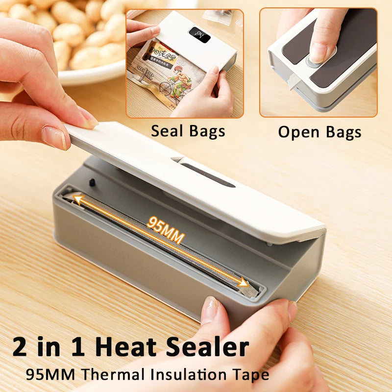 Cooskr 2-in-1 Rechargeable Mini Bag Heat Sealer & Cutter – LED Display 6 Modes Magnetic Portable Food Bag Sealer