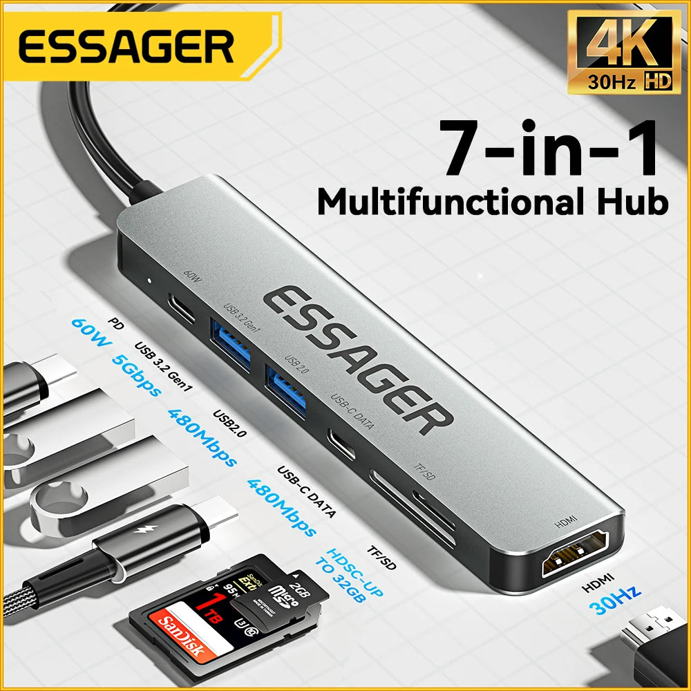 USB Hub Type-C, From Essager, 60W fast charging