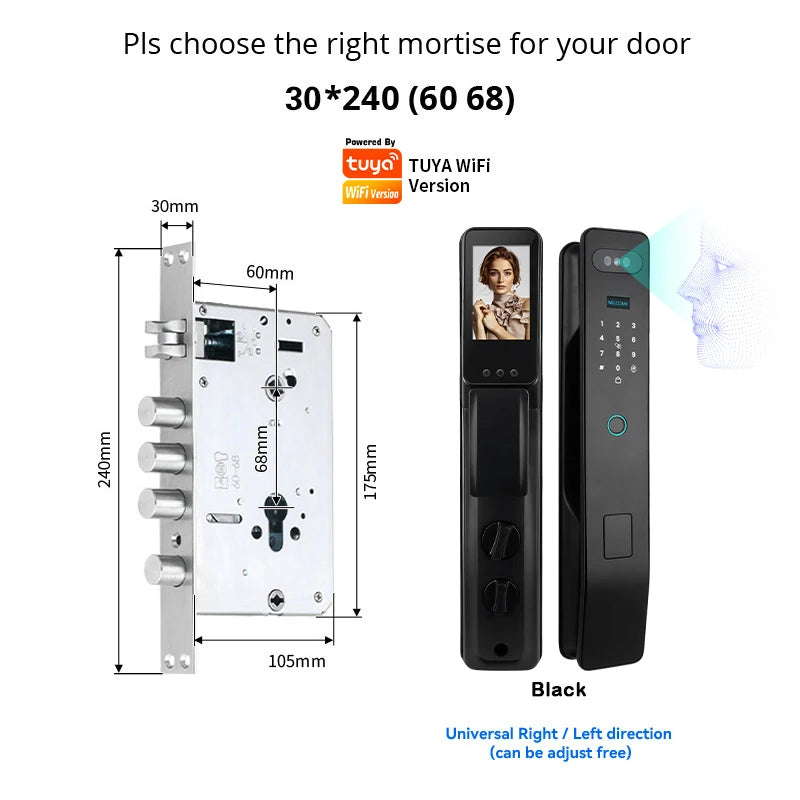 Tuya Face Recognition Smart Door Lock – WiFi Camera, Fingerprint & Indoor Screen