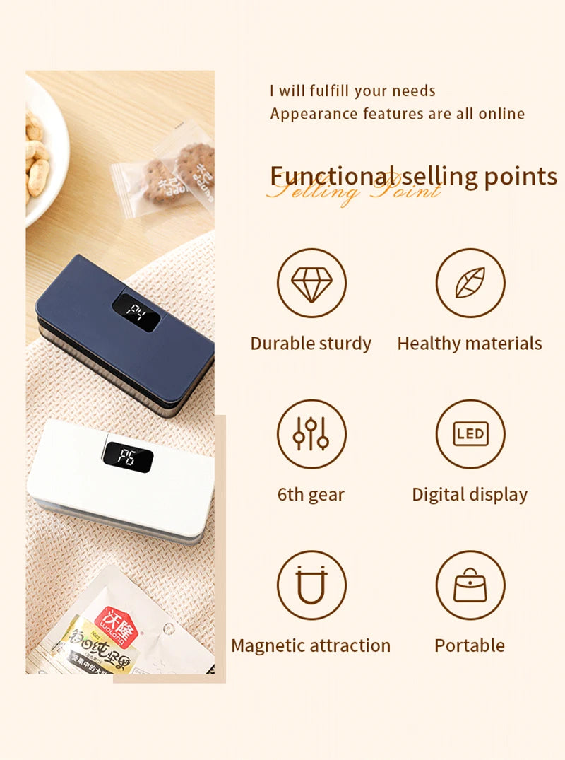 Cooskr 2-in-1 Rechargeable Mini Bag Heat Sealer & Cutter – LED Display 6 Modes Magnetic Portable Food Bag Sealer