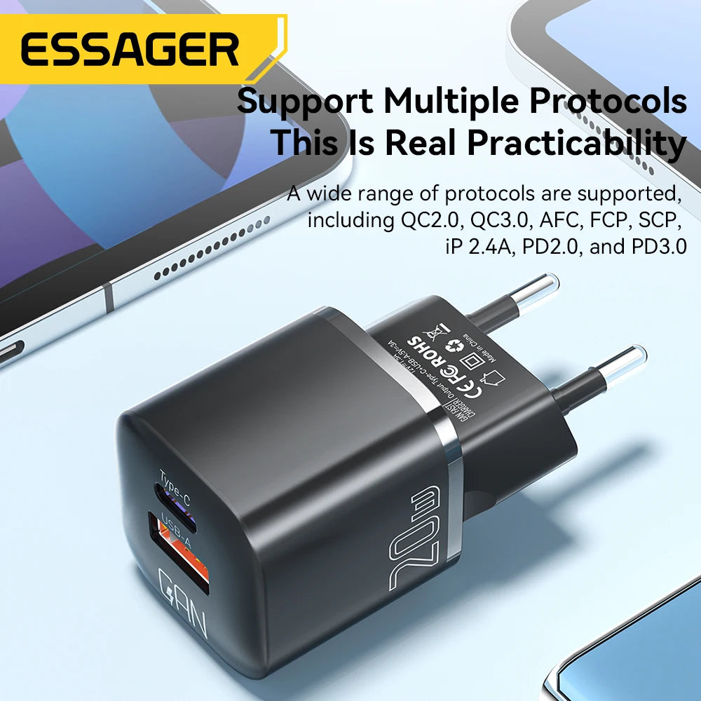 ESSAGER 20W Dual Port GaN Fast Charger with USB-C and USB-A for iPhone, Samsung, and iPad