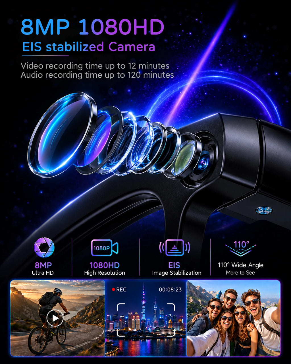 AMOVAN M02S AI Smart Glasses – 8MP 4K Camera, Real-Time Translation, Voice Assistant & Bluetooth Music