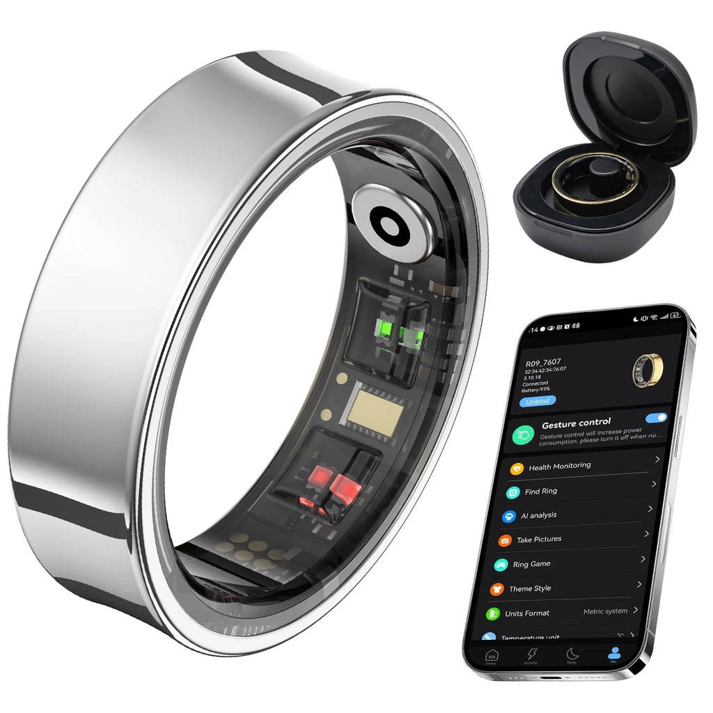 AMOVAN AMR09 Smart Ring – Slim Stainless Steel Health Tracker with Body Temperature, Sleep, SpO2 & AI Analysis for iOS Android
