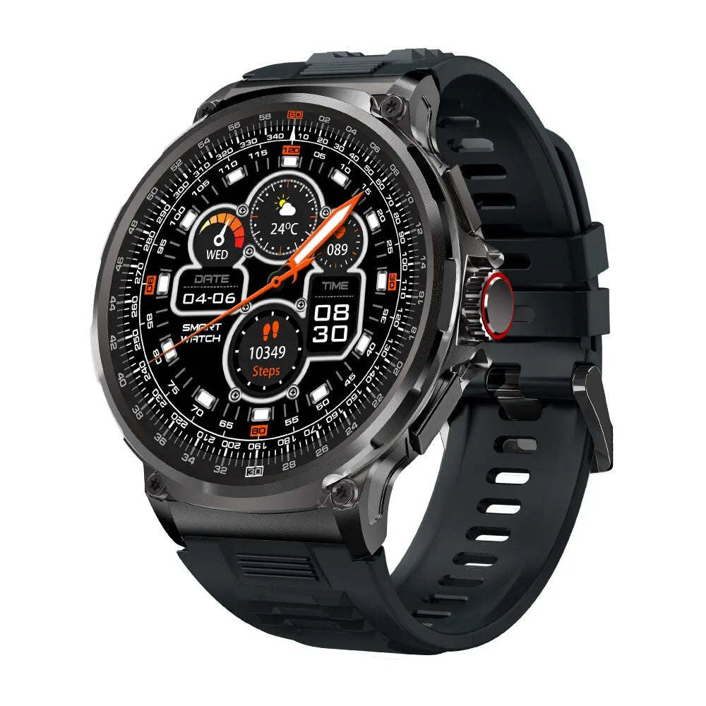 COLMI V69 1.85-inch HD smartwatch with Bluetooth calling, black 52 mm zinc-alloy case and silicone strap, showing activity stats on screen
