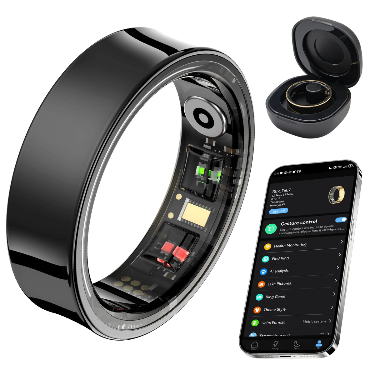 AMOVAN AMR09 Smart Ring – Slim Stainless Steel Health Tracker with Body Temperature, Sleep, SpO2 & AI Analysis for iOS Android