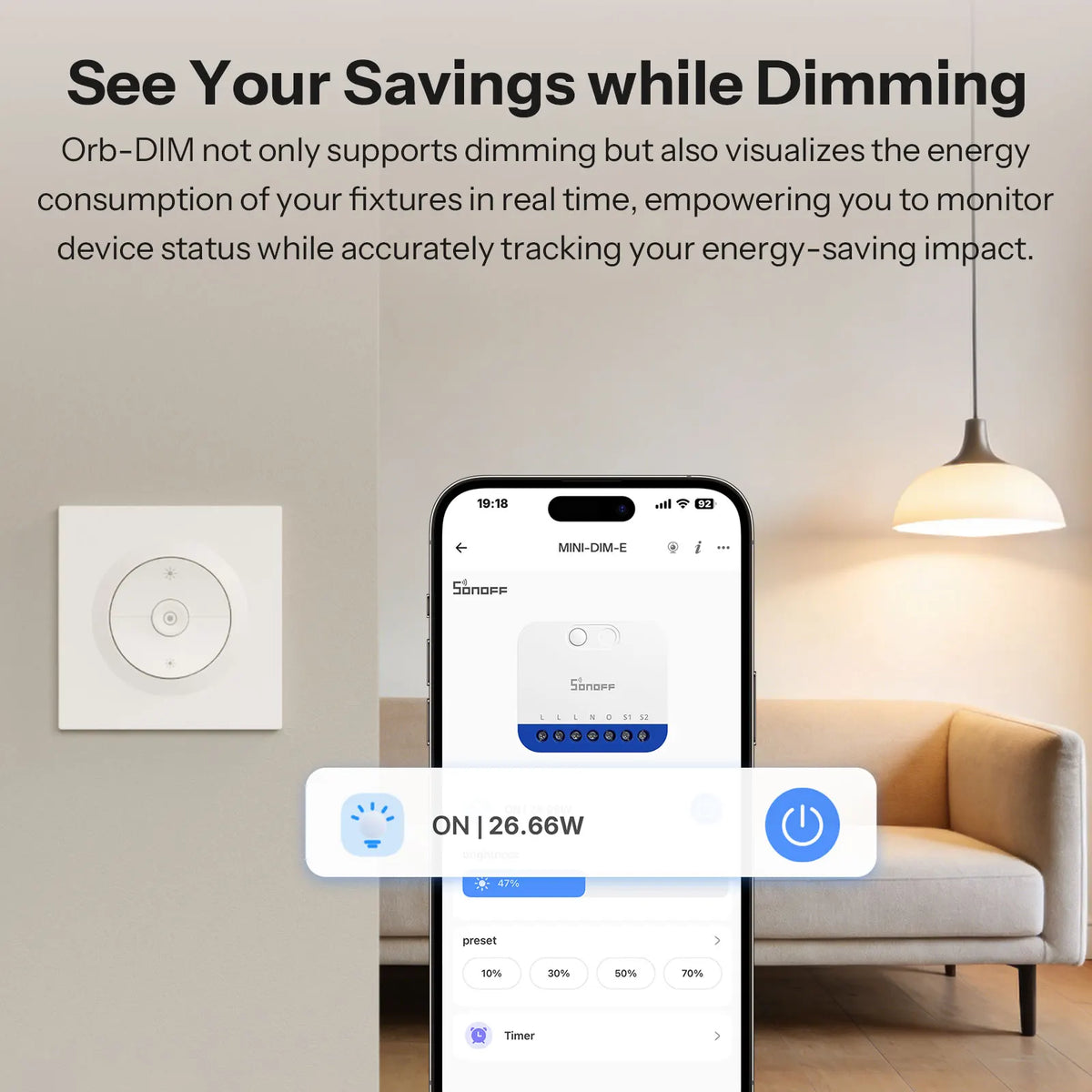 SONOFF Orb-DIM MINI-DIM-E Matter Smart Wi-Fi Dimmer Switch – Flicker-Free, Energy Monitor, Alexa Google Home Apple Home (220-240V)
