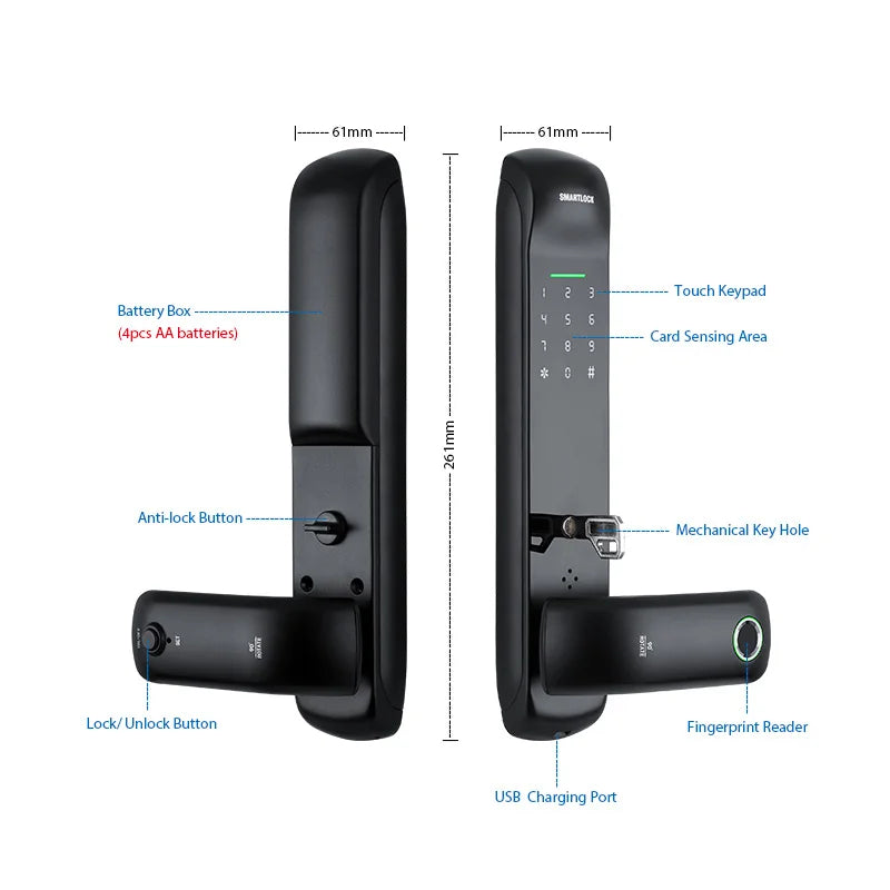 Smart door lock with labeled features and dimensions on a white background