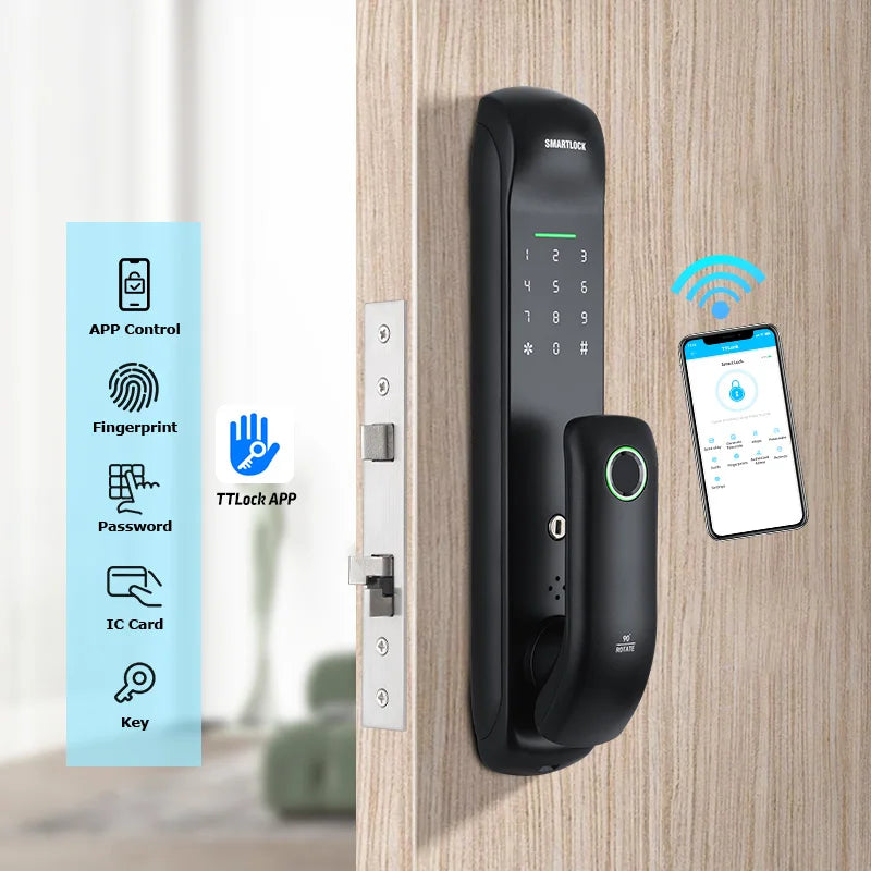 Smart door lock with smartphone app on a wooden door