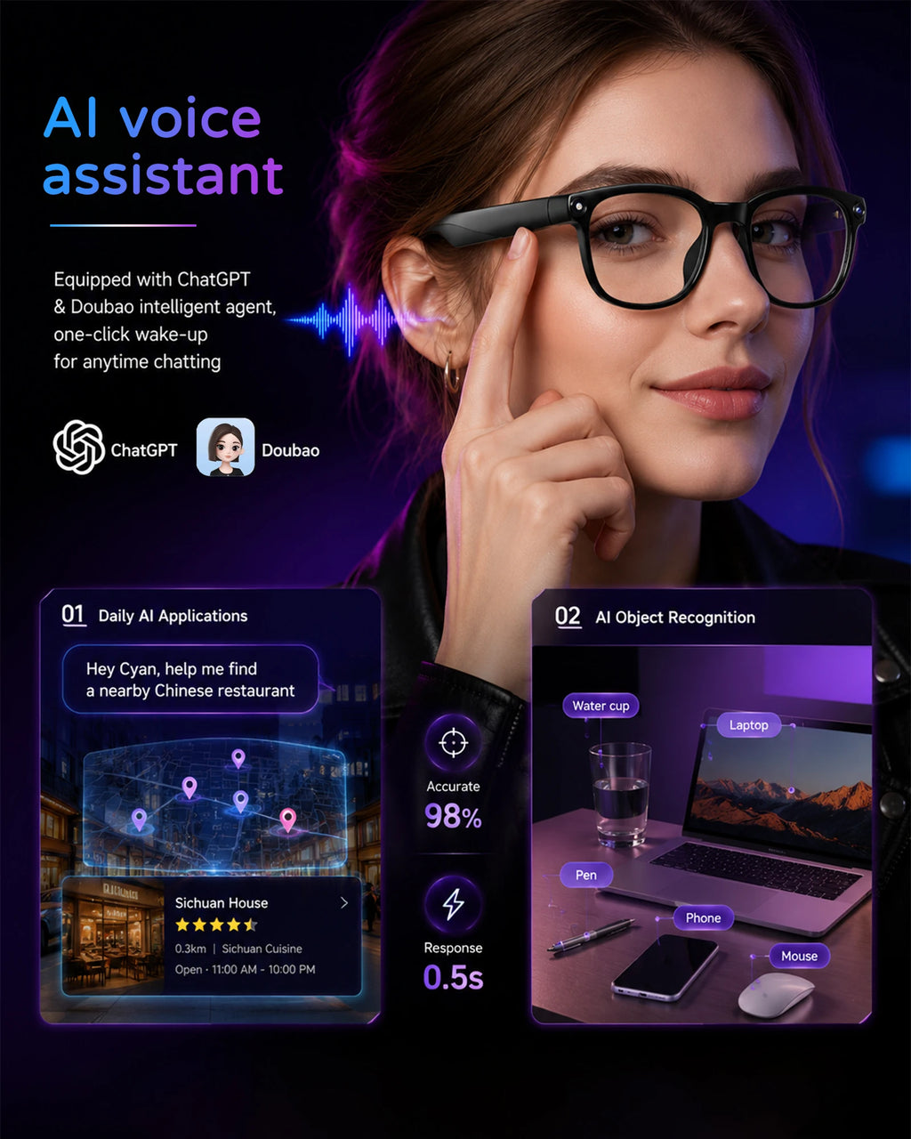 AMOVAN M02S AI Smart Glasses – 8MP 4K Camera, Real-Time Translation, Voice Assistant & Bluetooth Music