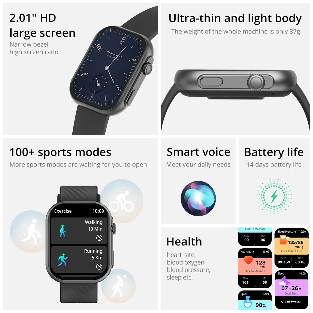 COLMI P30 Plus 2.01″ Smartwatch – Bluetooth Calling, 100+ Sports Modes, Black