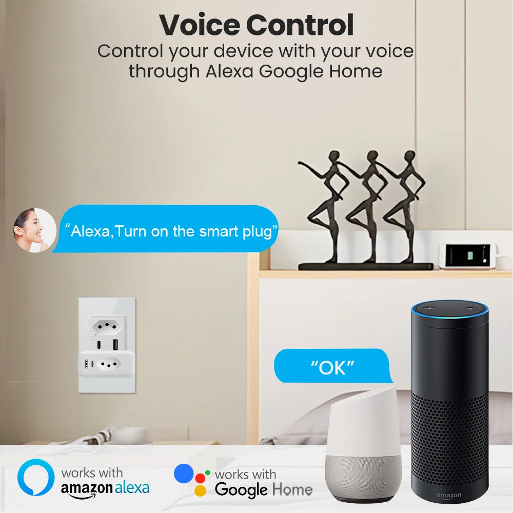 AVATTO Tuya WiFi Smart Plug Brazil – 20A Power Monitor + USB-C Fast Charging