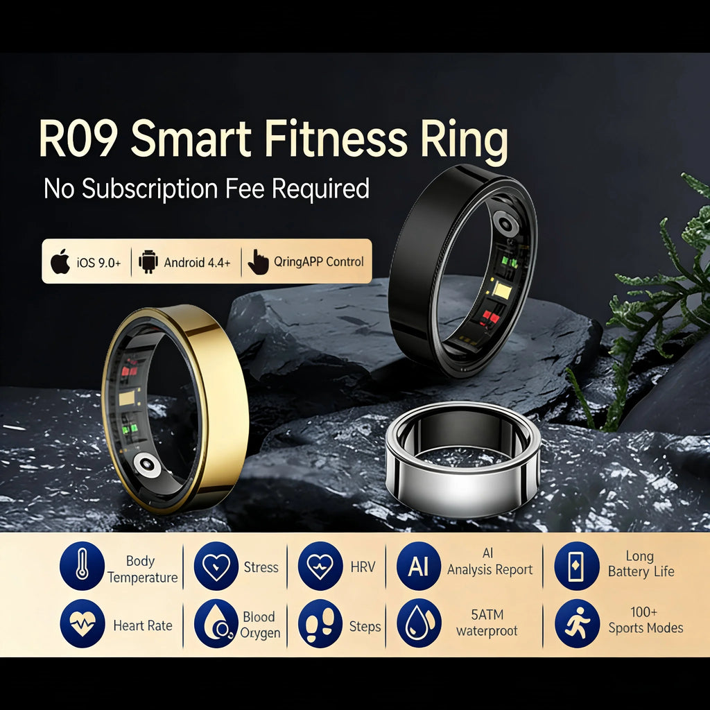 AMOVAN AMR09 Smart Ring – Slim Stainless Steel Health Tracker with Body Temperature, Sleep, SpO2 & AI Analysis for iOS Android