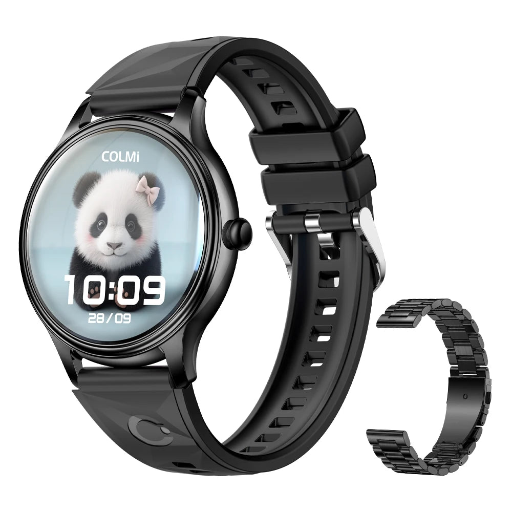 Black smartwatch with panda display on screen, showing brand 'COLMI'.