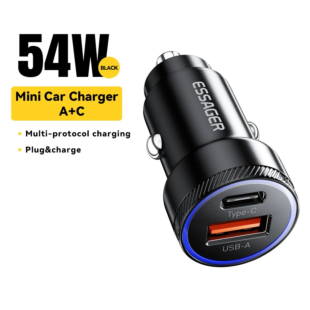 Essager 54W Dual-Port USB Type-C Car Charger – Fast Charging PD3.0 QC3.0