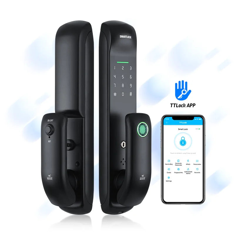 Smart door lock with fingerprint reader and TTLock app on smartphone