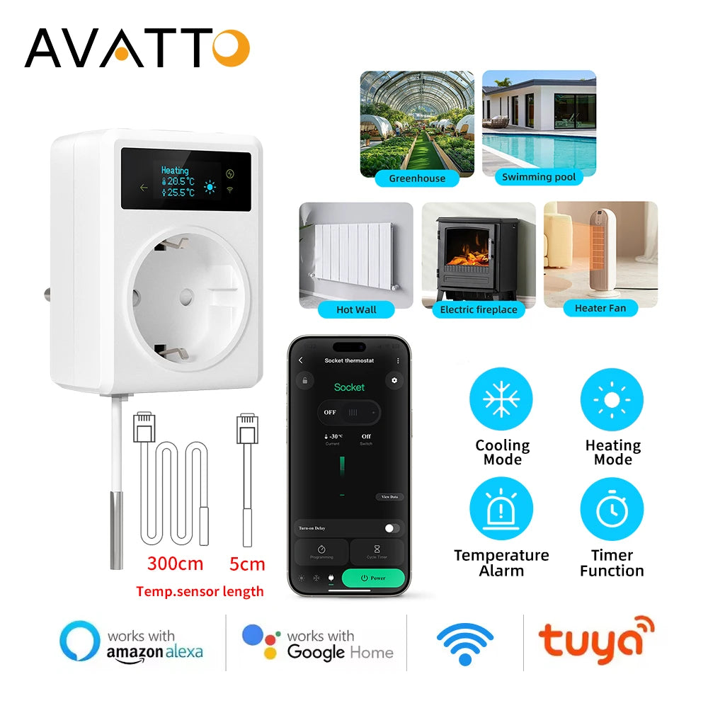 AVATTO Tuya WiFi Thermostat Socket 16A – Heating/Cooling Controller with NTC Sensor
