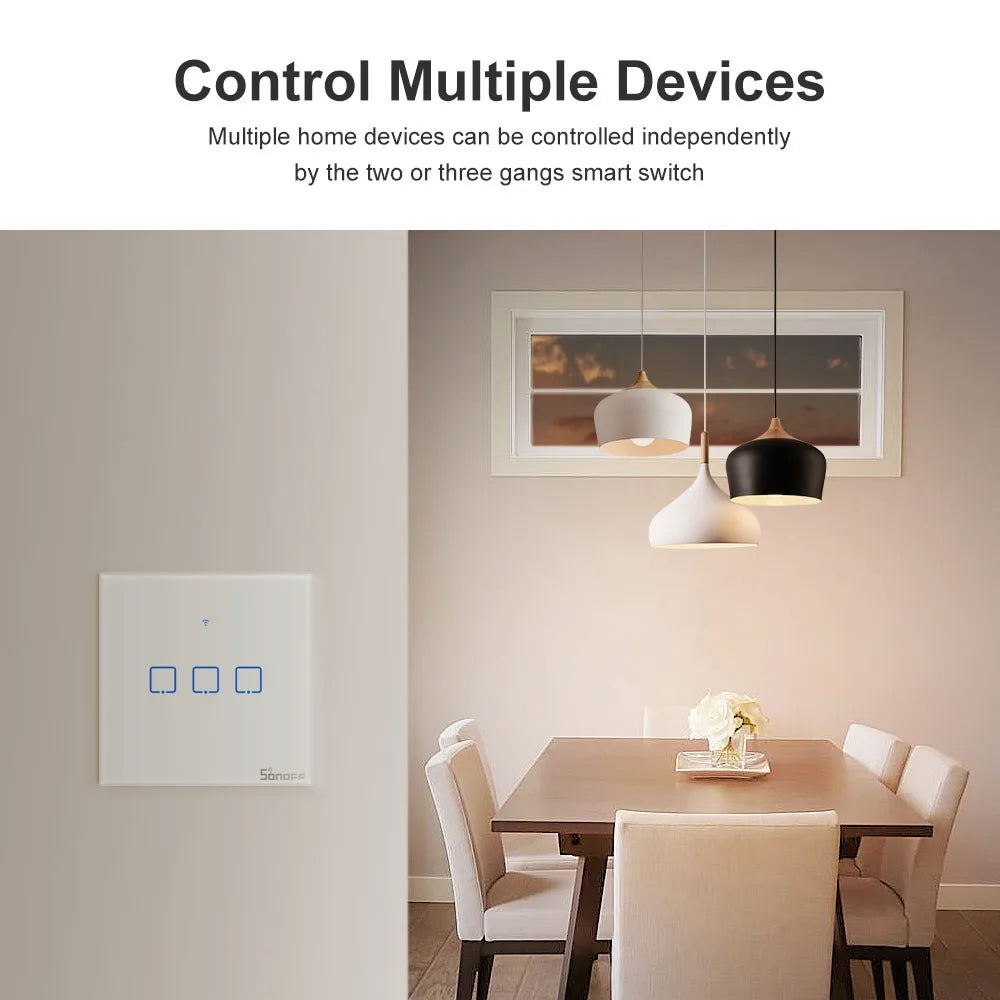 Interruptor de Luz Inteligente Táctil Sonoff T1 Tipo UK Plug 86 Painel de Vidro Temperado Suporta WiFi/RF/APP/Controlo Táctil