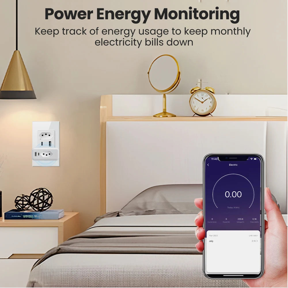 AVATTO Tuya WiFi Smart Plug Brazil – 20A Power Monitor + USB-C Fast Charging