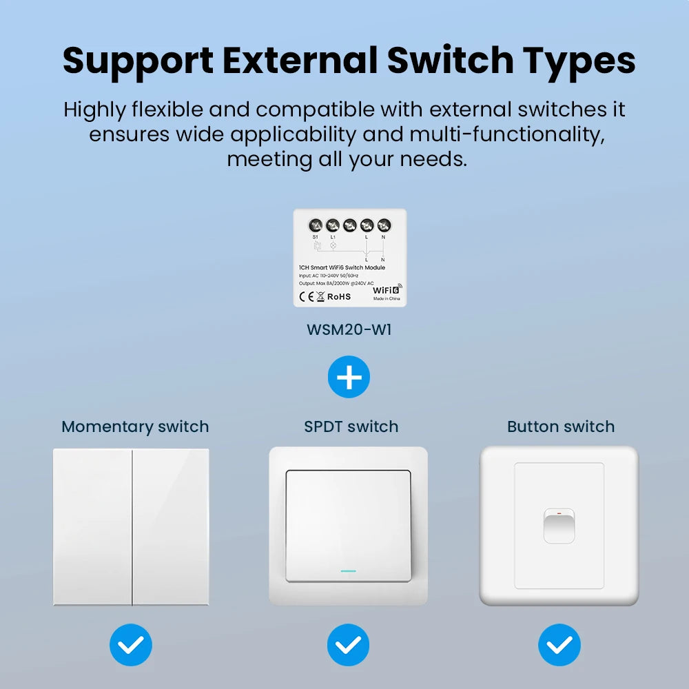 AVATTO Tuya WiFi 6 Mini Smart Switch Module – App Remote Control + Energy Meter