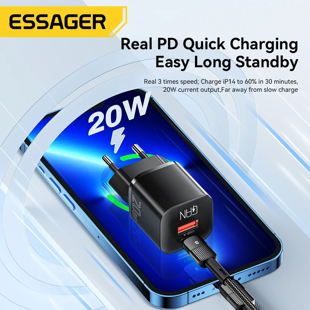 Wall Charger Plug, From Essager, Power 20W, USB Type C and USB A