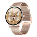 Rose gold smartwatch with butterfly design on the screen against a white background